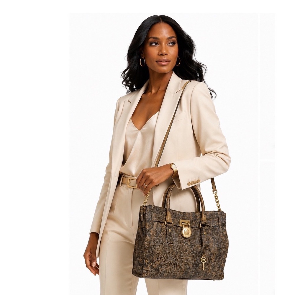 Michael Kors Hamilton Satchel Distressed Metallic Bronze Leather Gold Tone 21-01